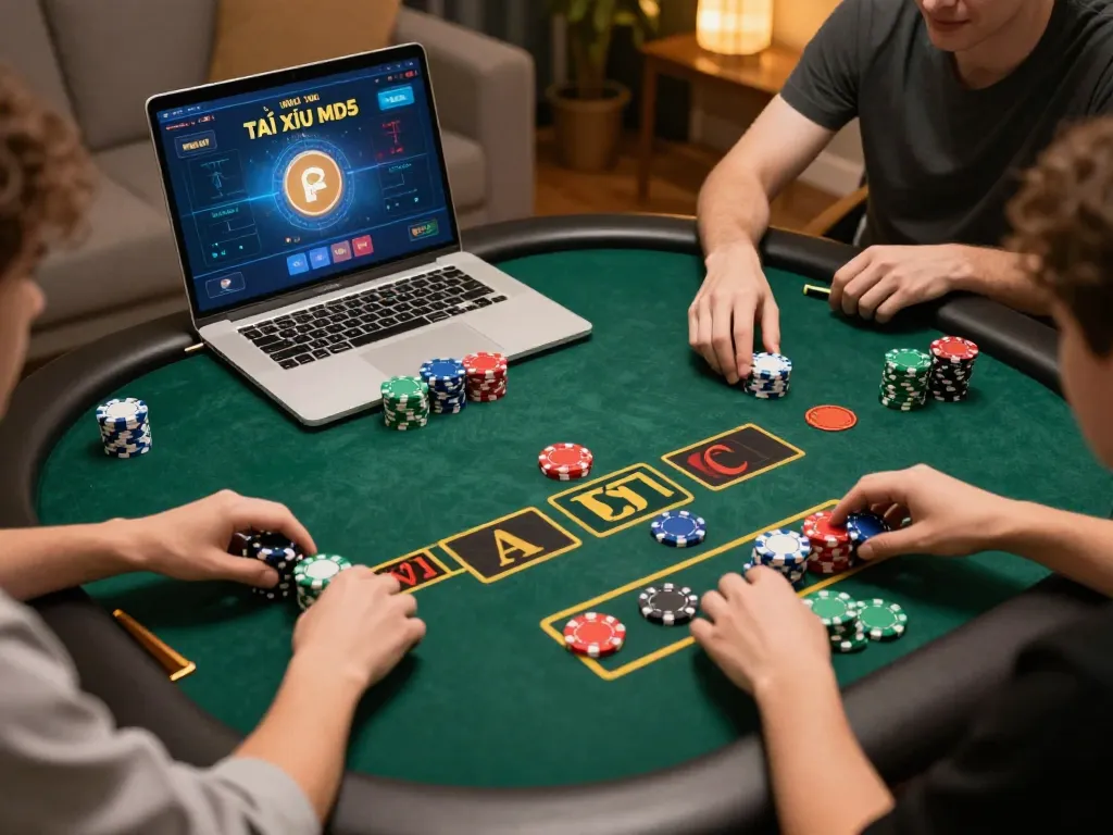 Engaging scene of players enjoying Tài Xỉu MD5 online gaming, showcasing vibrant gameplay and chips in action.