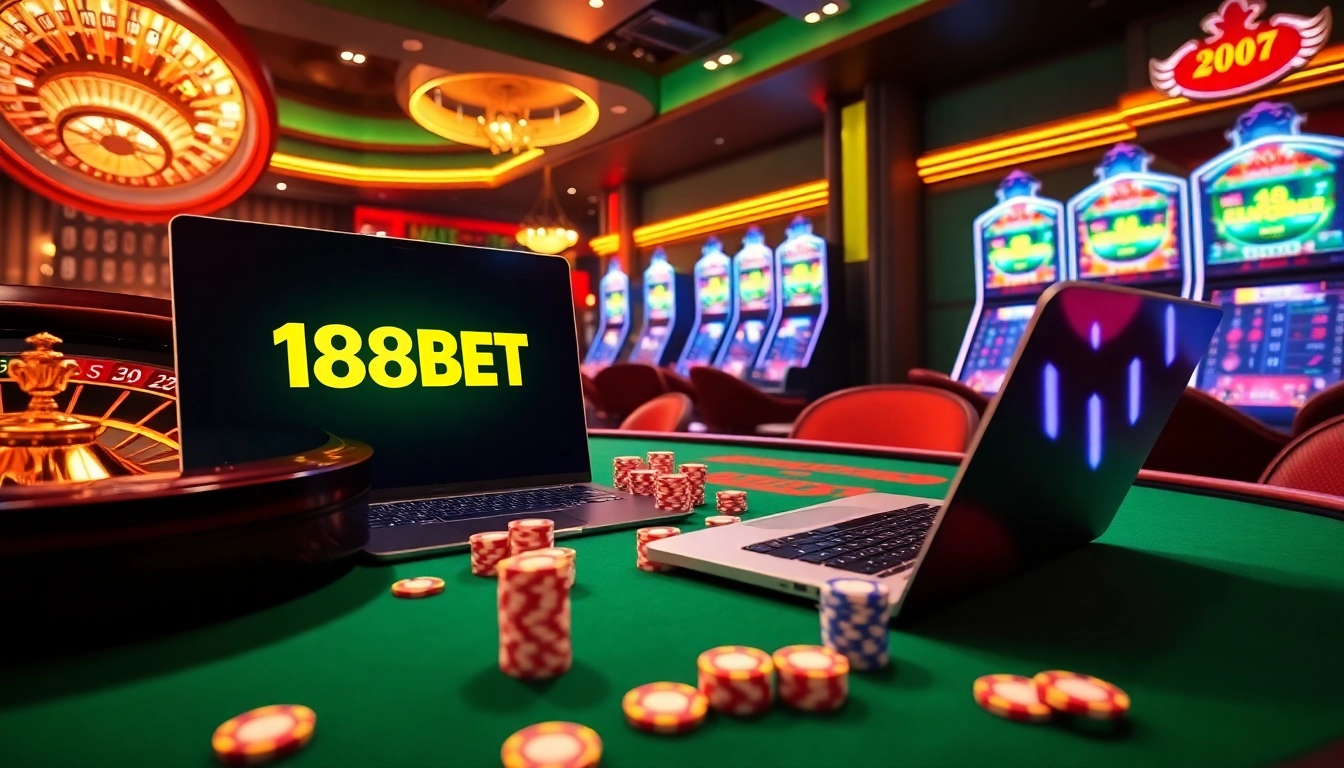 Experience the thrill of online gambling with 188BET's luxurious casino scene showcasing gaming excitement.