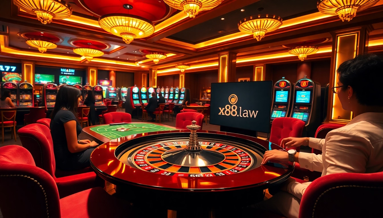 Players enjoying the thrill of roulette at a luxurious casino scene with x88.law branding.