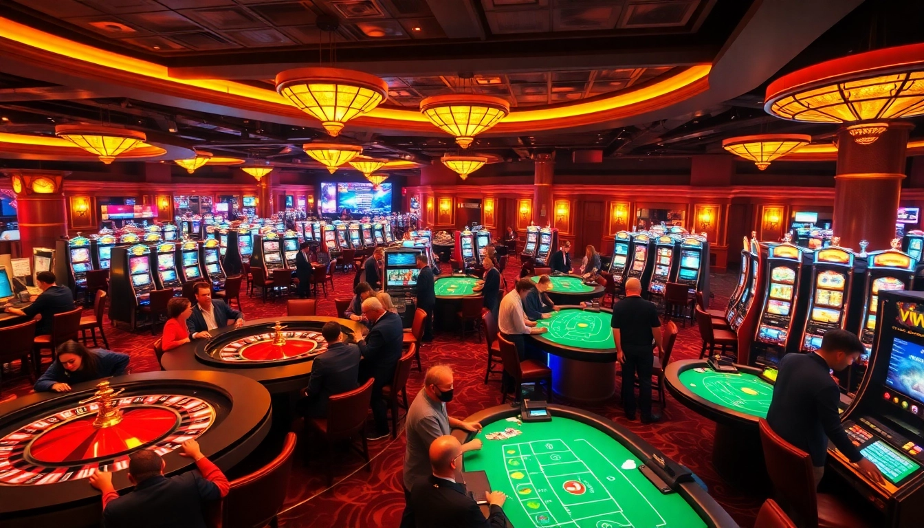 Action-packed scene of gamblers enjoying vipwin gaming experiences with vibrant tables and slot machines.