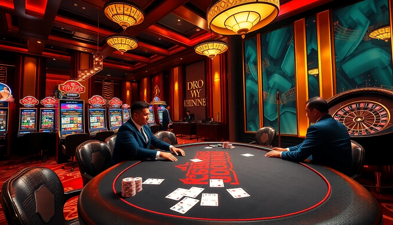 Exciting gambling atmosphere at https://dv88.design/, featuring poker players, roulette wheel, and vibrant slot machines.