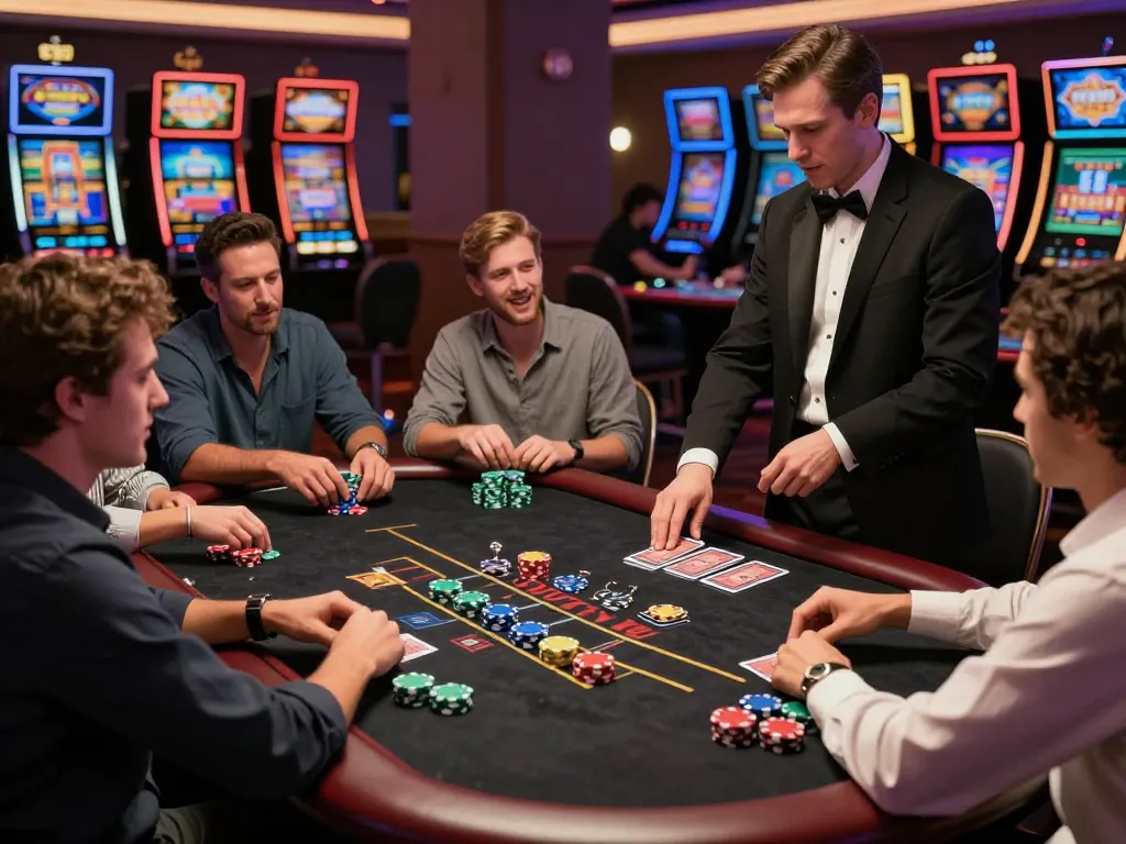 Pucuk138 players strategizing during a thrilling blackjack game with vibrant casino ambiance.