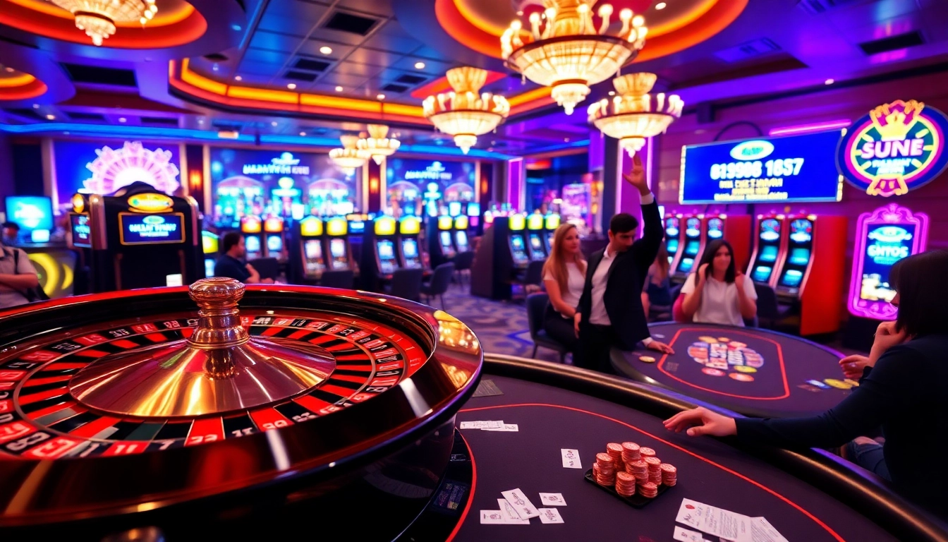 Experience the excitement of gambling at https://rr9988.net/ with vibrant slot machines and a roulette wheel.