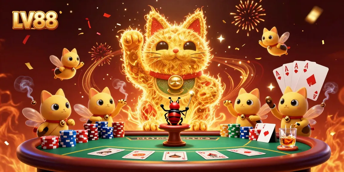 Experience the excitement of LV88 with a giant lucky cat and vibrant casino symbols.