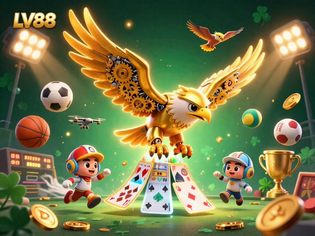 Engaging LV88 scene with a golden eagle diving amidst vibrant holographic cards and sports elements.