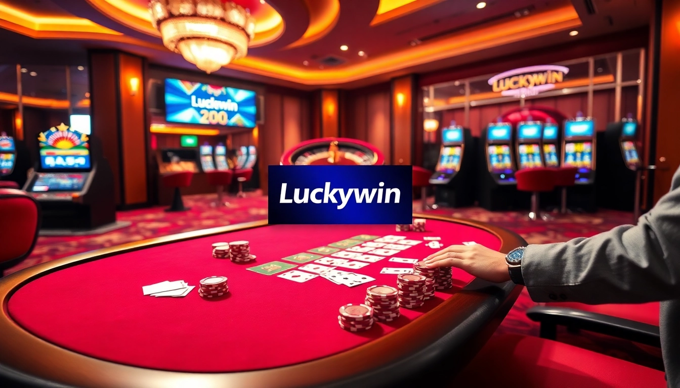 Experience the excitement of gambling at Luckywin with vibrant poker chips and tables.