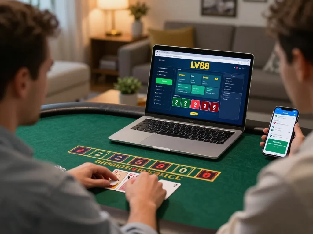 Player placing an insurance bet at LV88 online blackjack table in a cozy home office