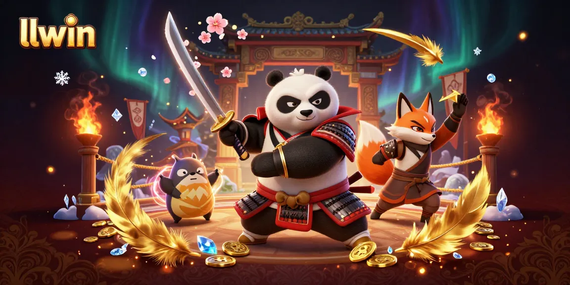 llwin samurai panda and ninja fox battling in a vibrant casino arena with coins and shuriken.