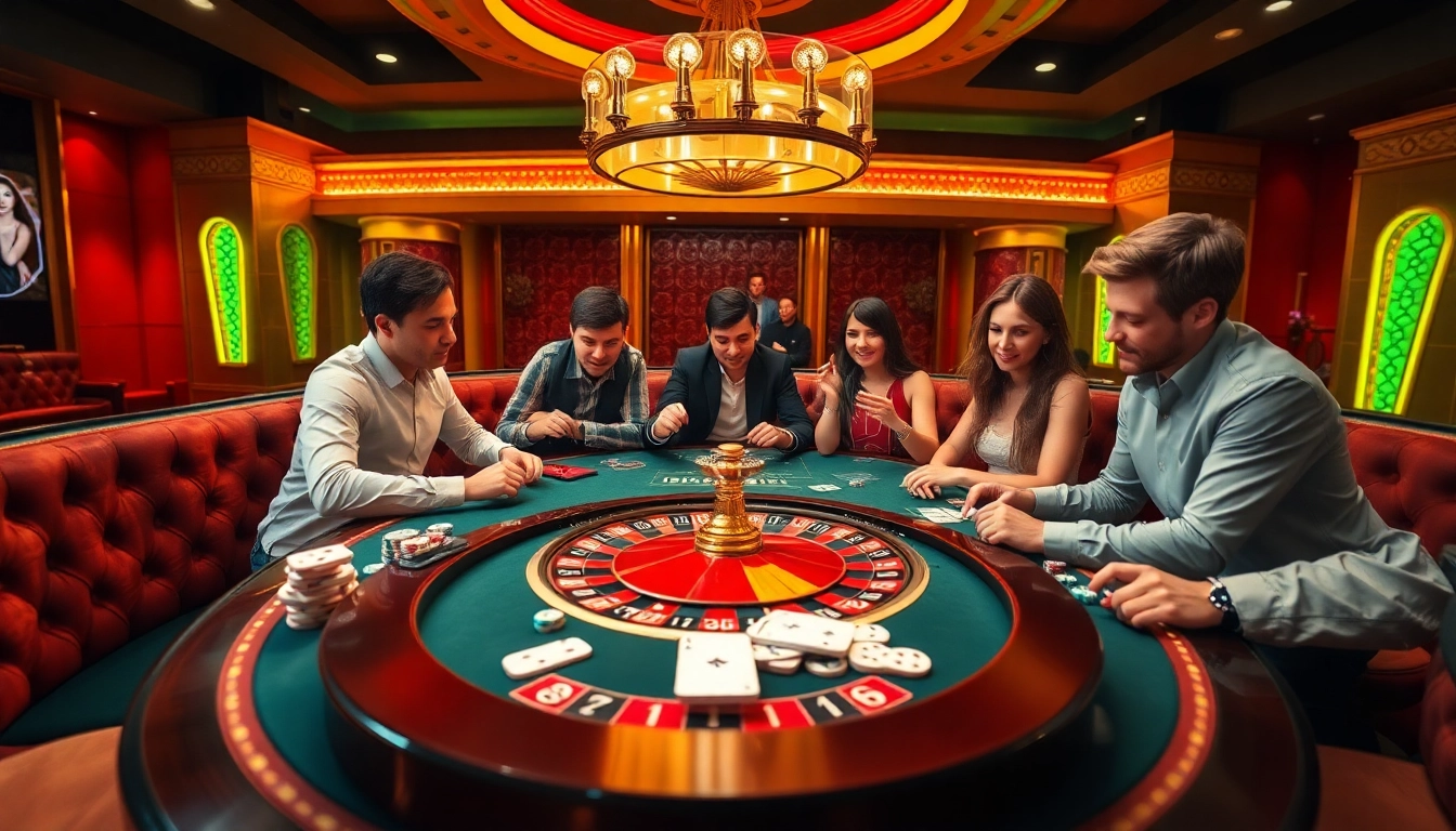 High-energy casino scene showcasing players gambling at Ee88 with vibrant poker chips and roulette wheel.