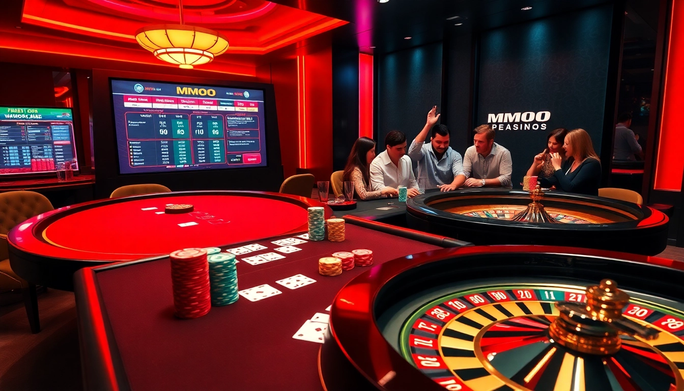 MMOO casino scene with poker chips, cards, and roulette wheel showcasing excitement in gaming.