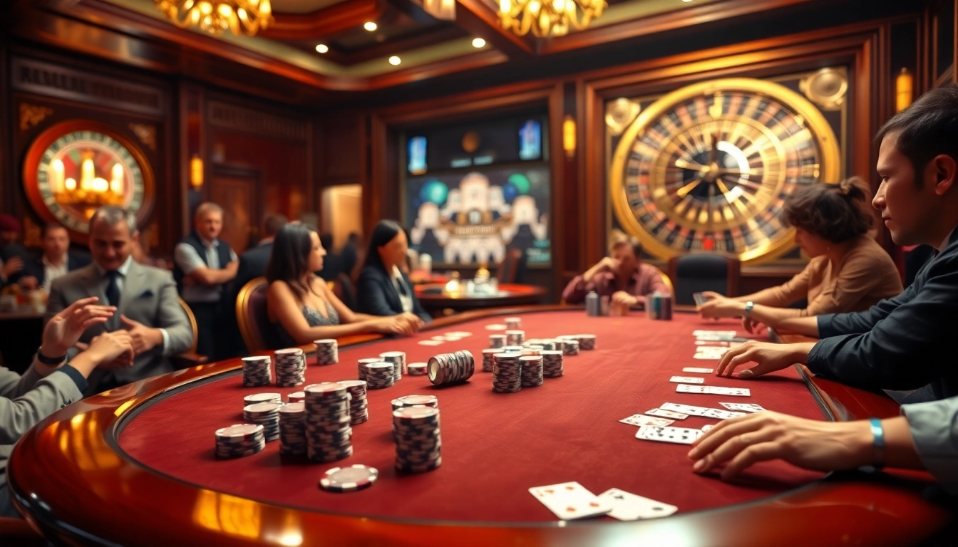 Players engaging intensely in a poker game at https://ok8386.autos/ casino, showcasing vibrant chips and cards.
