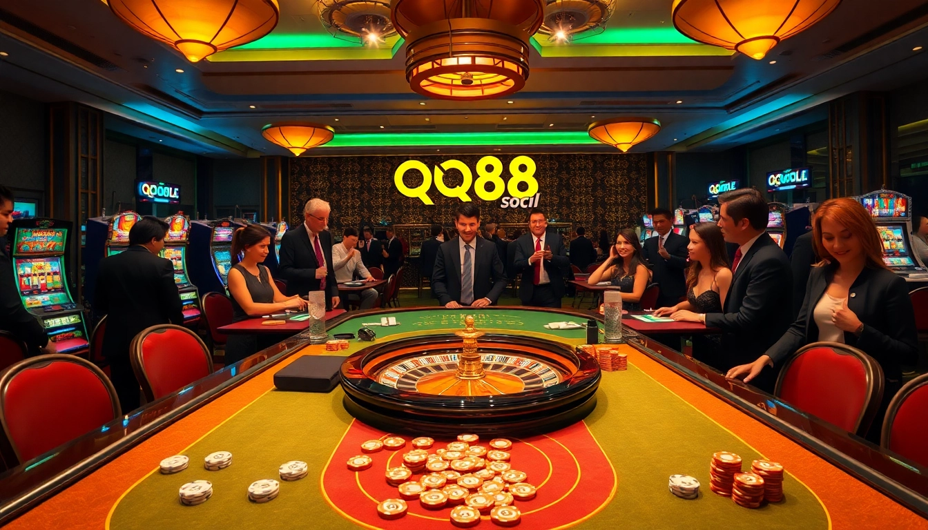 Gamblers enjoying exciting gameplay at QQ88 Social's luxurious casino.