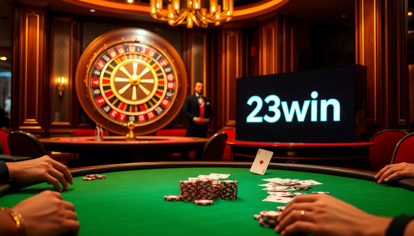 Players enjoy poker at the 23win casino, showcasing vibrant chips and an elegant roulette wheel.