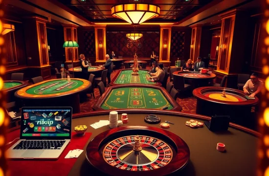Experience the thrill of rikvip at a luxurious casino setting with excited players and vibrant games.