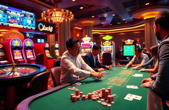 Luck8 players enjoying a thrilling poker game at a luxurious casino table.
