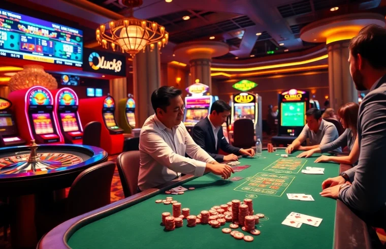 Luck8 players enjoying a thrilling poker game at a luxurious casino table.