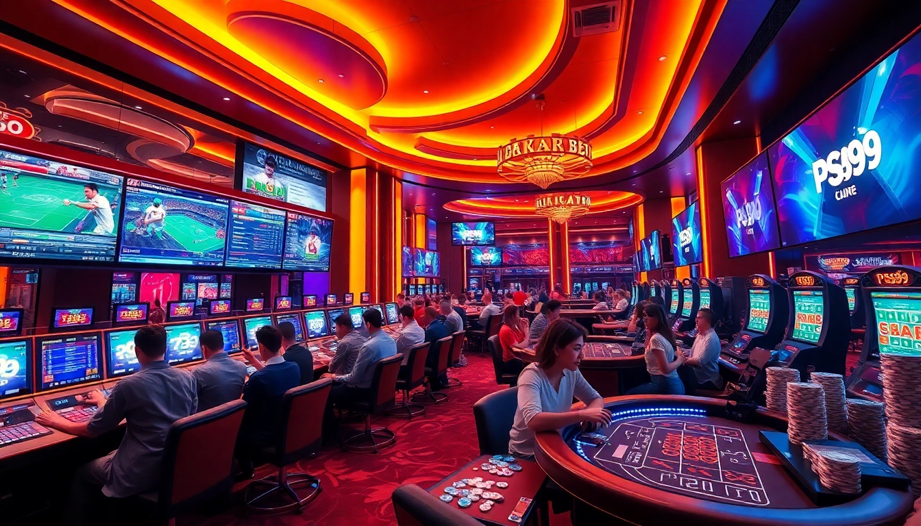 Engaged bettors analyze live PS99 thể thao events at a vibrant casino.