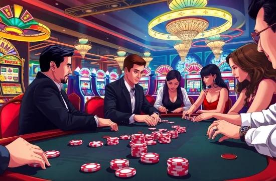 Players enjoying an exciting poker game at a luxurious casino table, highlighting the vibrant j88 atmosphere.