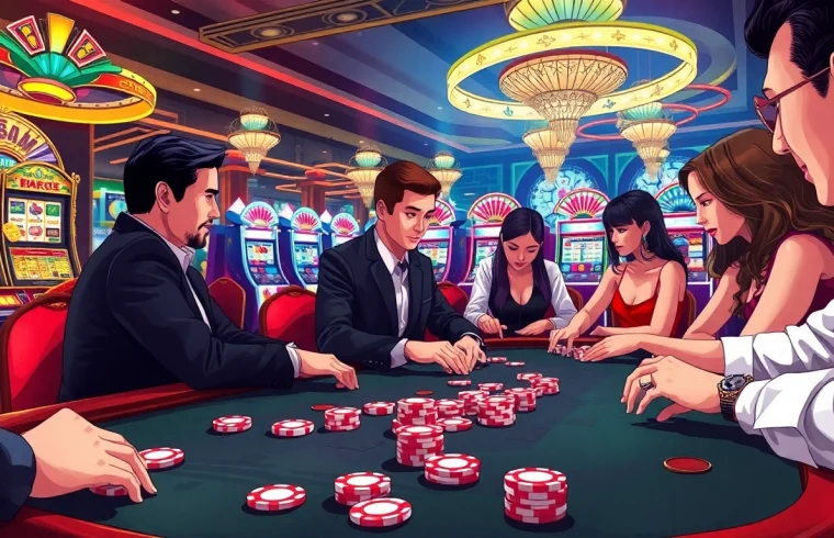 Players enjoying an exciting poker game at a luxurious casino table, highlighting the vibrant j88 atmosphere.