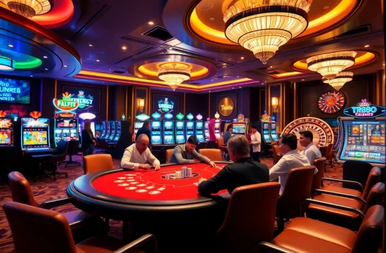 Experience the thrill of tr88 at a bustling casino poker table surrounded by vibrant slot machines.