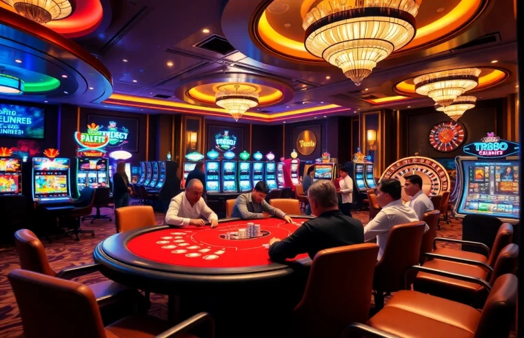 Experience the thrill of tr88 at a bustling casino poker table surrounded by vibrant slot machines.