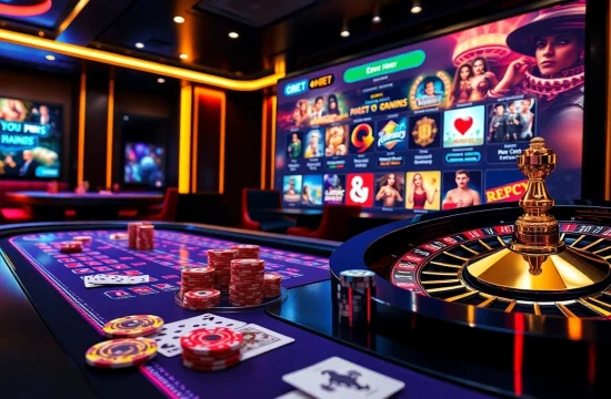 Experience thrilling online gambling at 8KBET with vibrant casino visuals featuring poker chips and a roulette wheel.