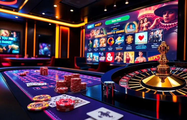 Experience thrilling online gambling at 8KBET with vibrant casino visuals featuring poker chips and a roulette wheel.