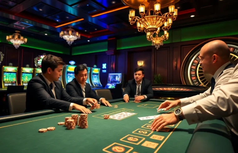 Engaged players at a poker table illustrating the excitement of VaoluoiTV's casino atmosphere.