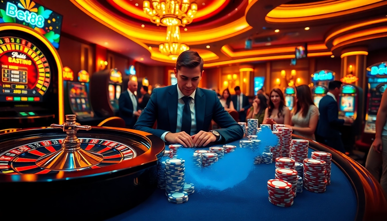 Experience the thrill of betting at BET88 with vibrant casino tables and cheerful players.
