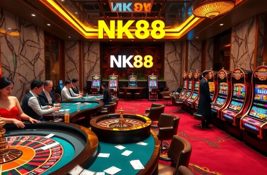 NK88 betting environment with roulette, poker games, and vibrant slot machines.