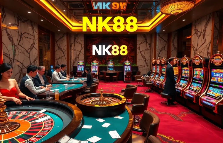 NK88 betting environment with roulette, poker games, and vibrant slot machines.