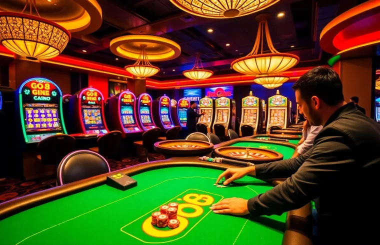 Go8 casino gaming scene with exciting poker action and luxury slot machines.