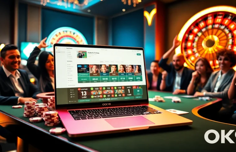 Experience the thrill of Đăng Nhập OK9 in a luxurious casino setting with engaged players and vibrant gaming elements.