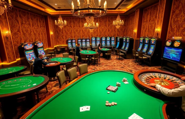 Engaging players at TT88, enjoying a vibrant casino experience with tables and slot machines.