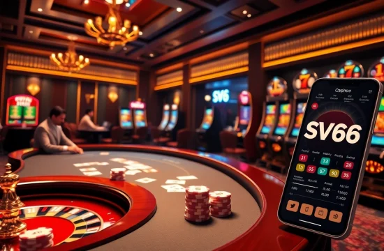 Experience the excitement of SV66 as players engage in high-stakes poker with vibrant chips and cards.