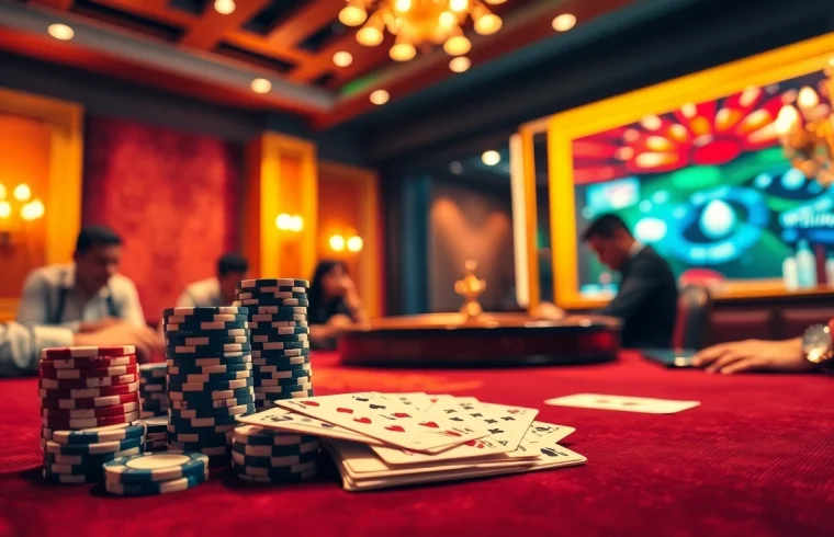 Experience the thrill of kèo nhà cái 5 with intense poker gameplay at a luxurious casino table.
