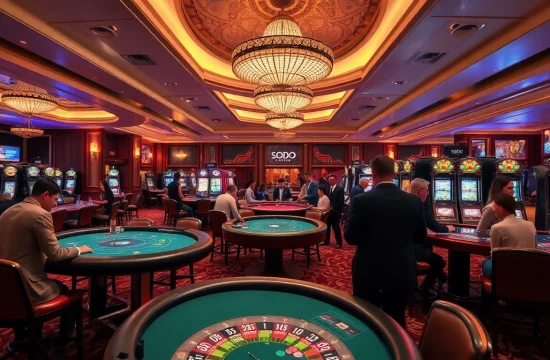 SODO Casino interior showcasing vibrant gaming tables and slot machines with excited players.