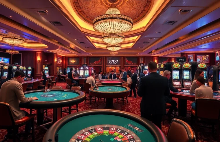 SODO Casino interior showcasing vibrant gaming tables and slot machines with excited players.