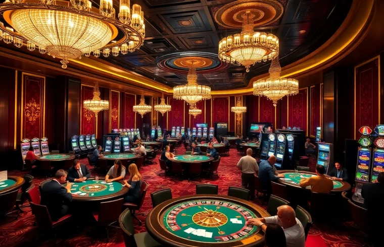 Experience excitement at https://2haywin.art/ with a vibrant casino scene featuring poker tables and roulette wheels.
