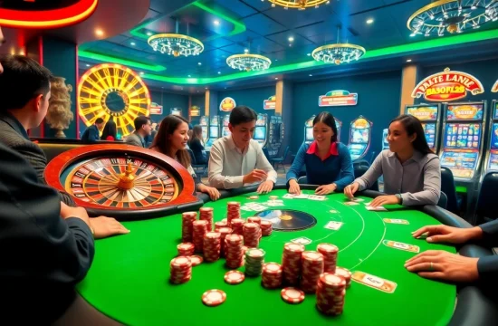A dynamic poker game scene at 788t casino, showcasing players around a table with chips and cards.