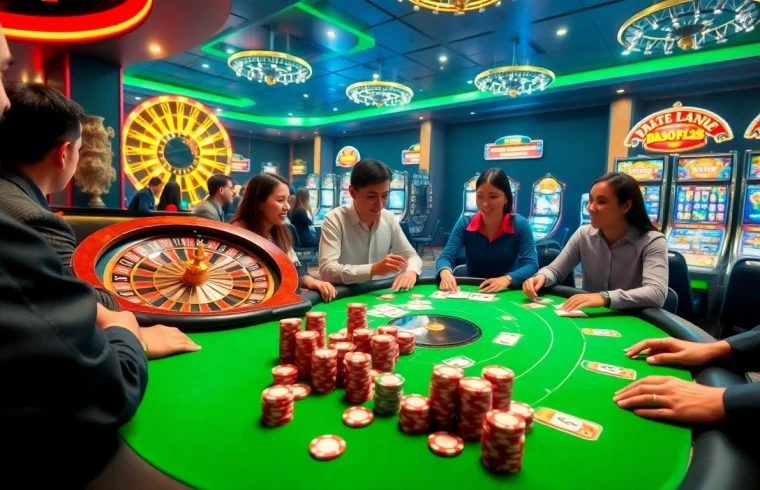 A dynamic poker game scene at 788t casino, showcasing players around a table with chips and cards.