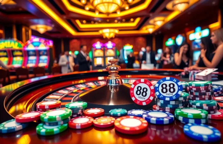 Players enjoy a thrilling casino experience at 888now with vibrant roulette and colorful chips.