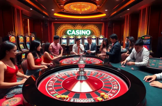 Players revel in high-stakes excitement at the qh88 casino table, showcasing vibrant gaming action.