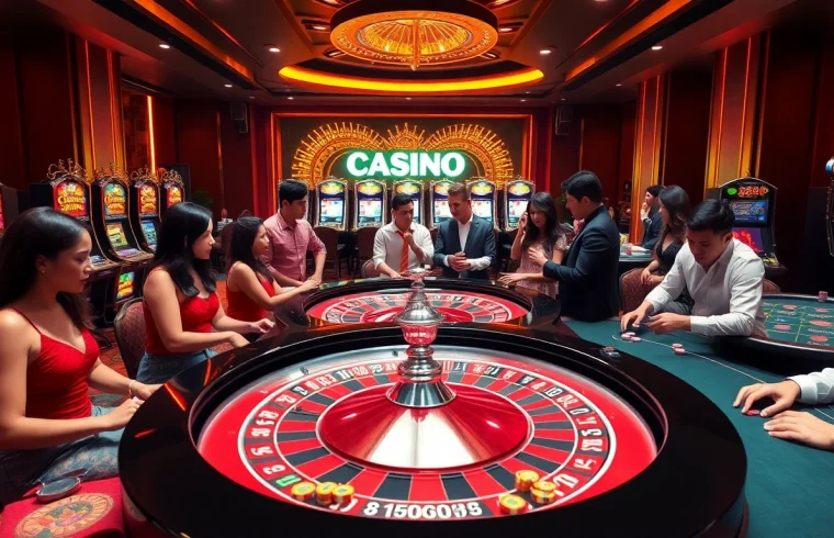 Players revel in high-stakes excitement at the qh88 casino table, showcasing vibrant gaming action.