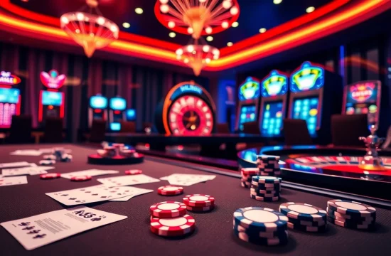 Engaging online casino scene showcasing the excitement of gambling at https://sv88s.pro with poker chips and roulette wheel.
