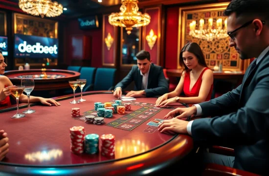 Experience high-stakes action at a DEBET poker table in a luxurious casino atmosphere.