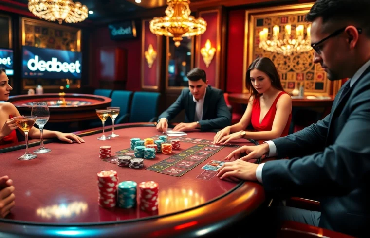 Experience high-stakes action at a DEBET poker table in a luxurious casino atmosphere.