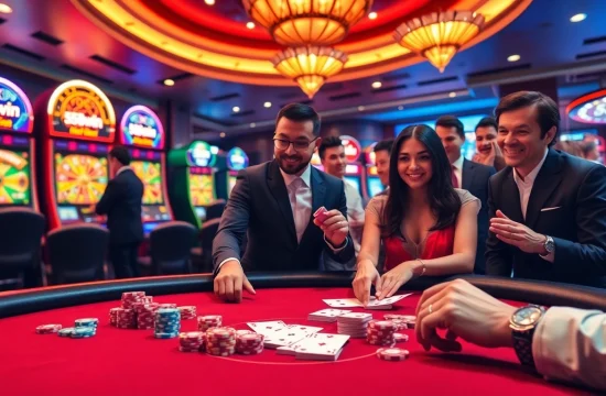 Experience the thrilling ambiance of 555win casino with animated slot machines and an exciting poker table atmosphere.
