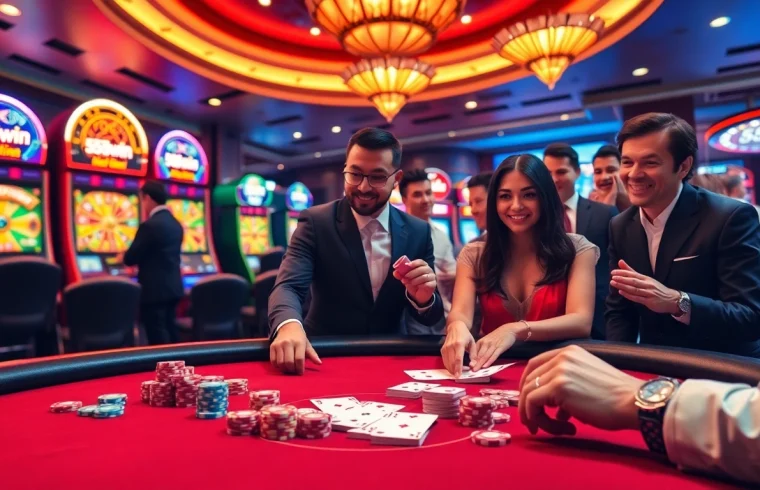 Experience the thrilling ambiance of 555win casino with animated slot machines and an exciting poker table atmosphere.