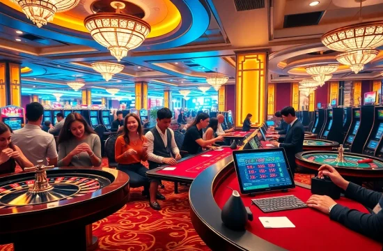 SODO Casino floor bustling with players at roulette and poker tables, showcasing excitement in gaming.